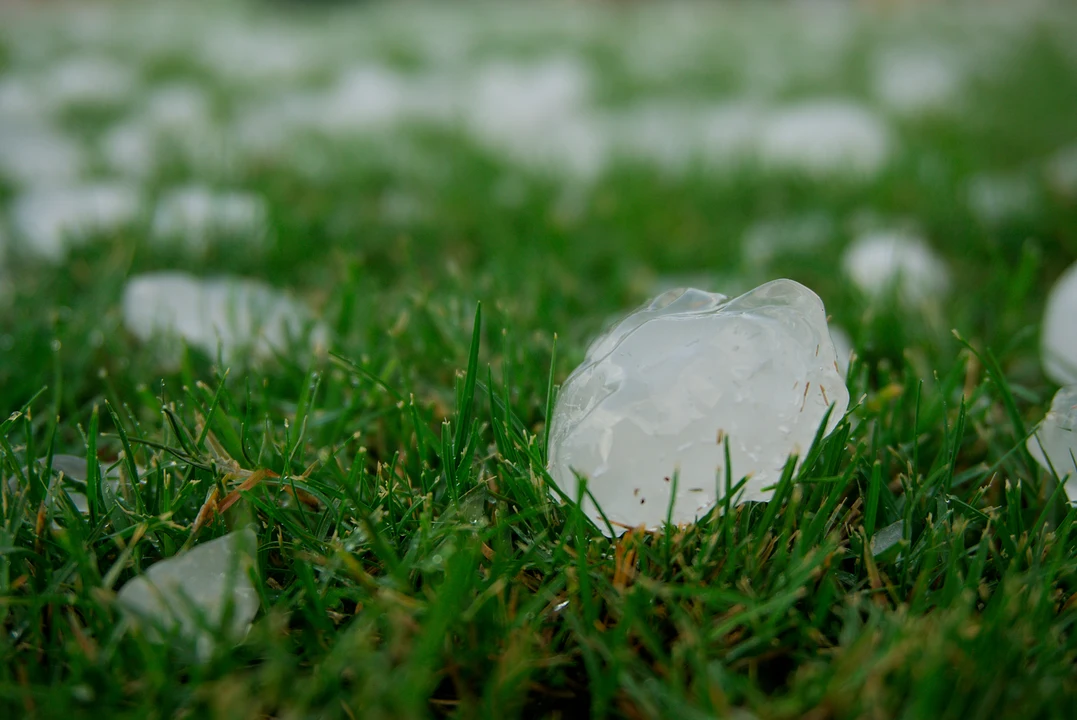 Close-up photo showing circular bruise on asphalt shingle caused by hail impact